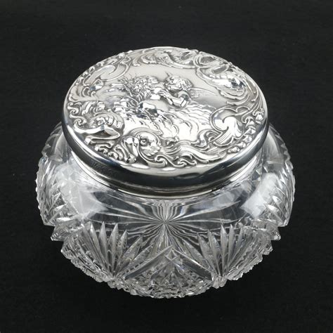 Antique Unger Brothers Loves Dream Sterling Lidded Cut Crystal Vanity Jar Ebth