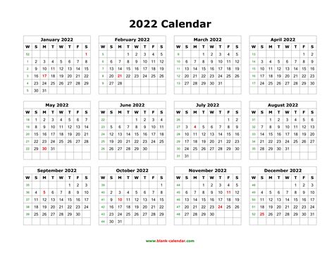 Download Blank Calendar 2022 12 Months On One Page Horizontal