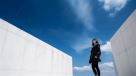 Lady Walking Along White Square Blocks With A Blue Sky Background Blue