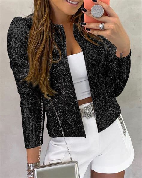 Black Sequin Jacket Long Sleeved In 2020 Sequin Coats Fashion