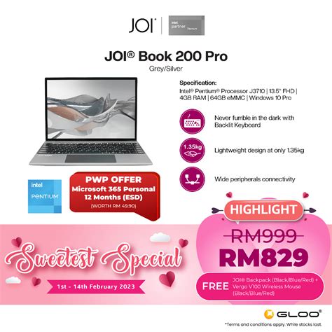 Joi Book 200 Pro Pentium J37104gb64gb135”w10progry Free 256gb