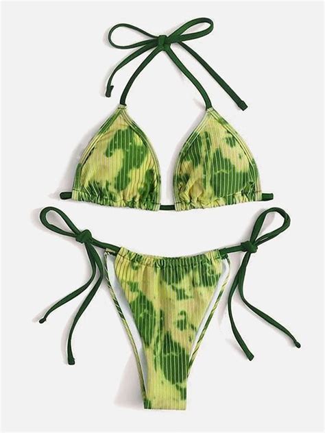 Emmiol Kostenloser Versand 2023 Batik Bikini Set Mit Nadelstreifen Grün