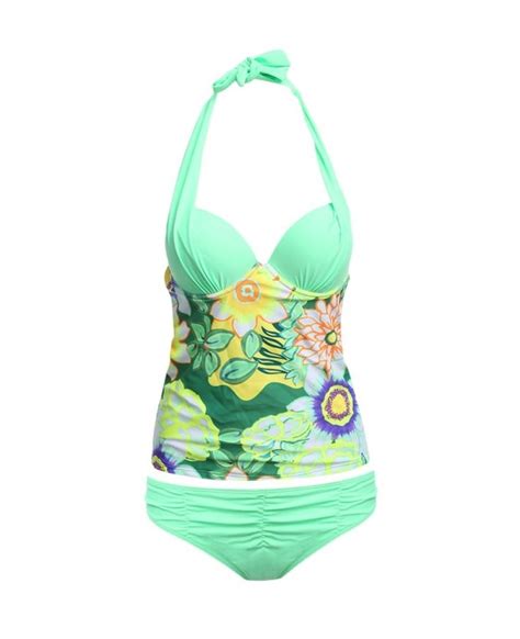 Sexy Halter Tie Floral Print Spliced Wire Women Swimsuit Apple Green 3819907917 Size S