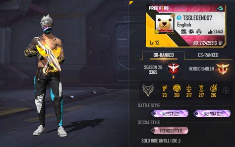Free Fire Max Tsg Legends Id Stats Rank Kd Ratio And Monthly