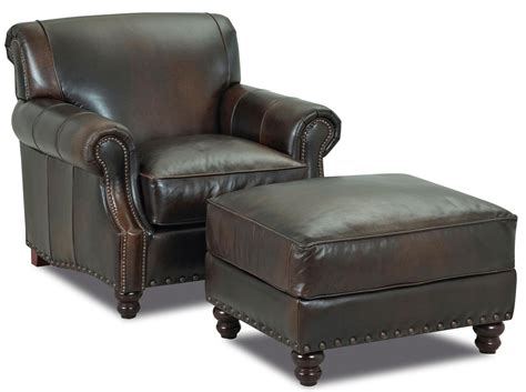 Klaussner Fremont Traditional Leather Arm Chair & Ottoman Set - Dunk & Bright Furniture - Chair ...