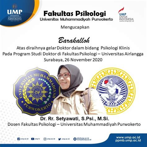 Selamat Dan Sukses Kepada Dr Rr Setyawati S Psi M Si Fakultas Psikologi Universitas