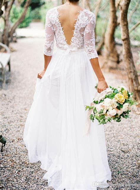 2016 Bohemian Wedding Dresses Lace Chiffon V Neck 34 Long