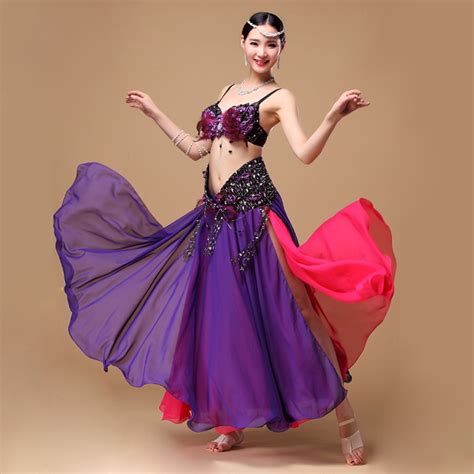 2017 Performance Oriental Dance Belly Dance Costumes Set 3pcs Feather Bra Belt Skirt Chiffon