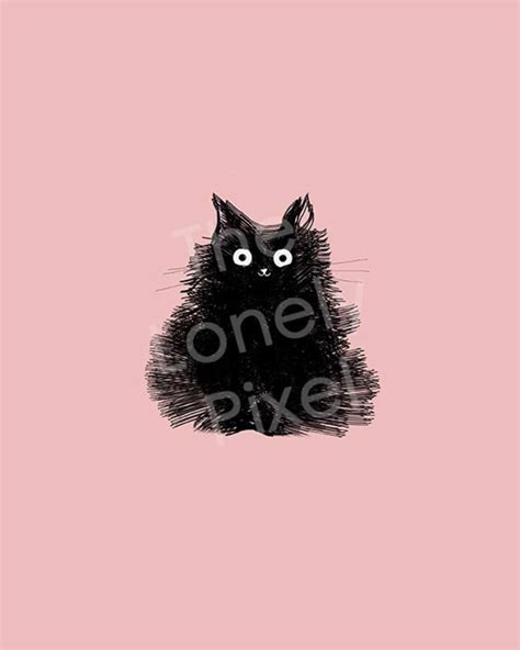 Cute Black Cat Drawing Art Illustration Pink Duster Etsy Canada