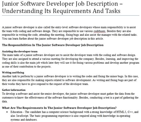 Junior Software Developer Job Description Understanding Its