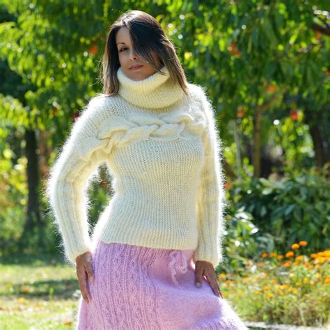 White Color Cable Hand Knit Mohair Turtleneck Sweater By Extravagantza