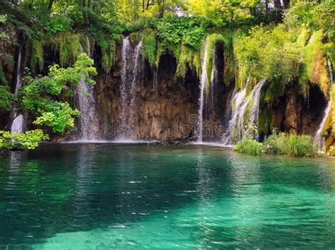 Waterfalls With Turquoise Lake In Plitvice Lakes National Park Stock