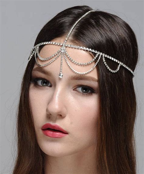 Bohemian Forehead Chain Rhinestone Headpiece Bridal Head Etsy