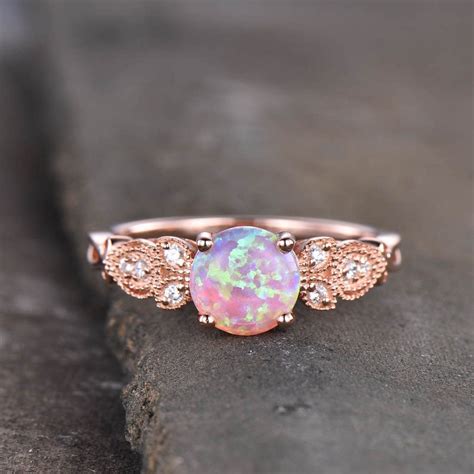 Floral Pink Fire Milgrain Opal Engagement Ring 14k18k Rose Gold In