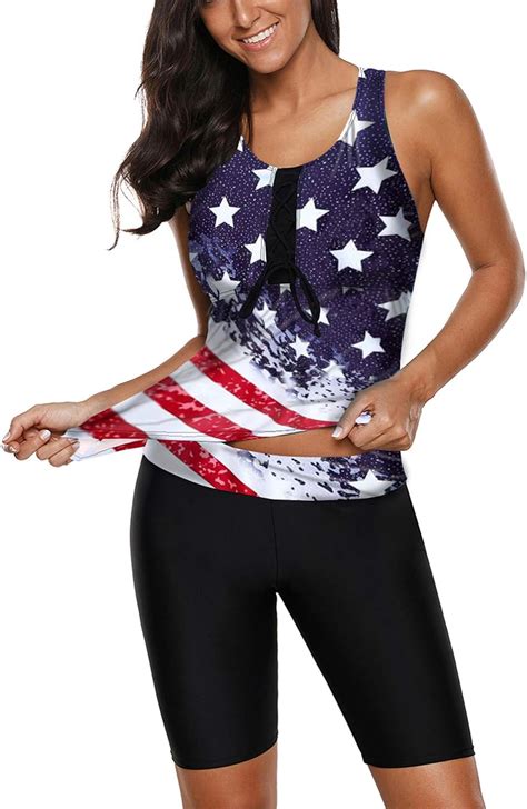 Aleumdr Color Block Usa American Flag Tankini Swimsuits For