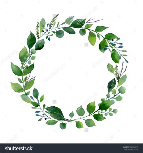 Green Watercolor Wreath Composition Of Fresh Summer Foliage And Tree