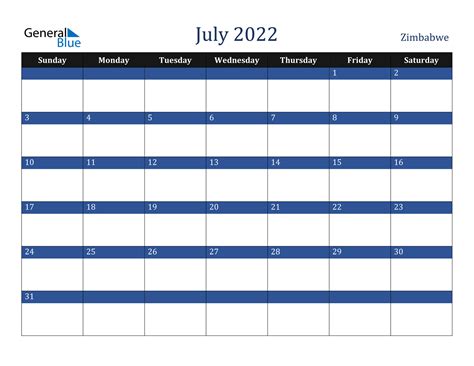 July 2022 Calendar Zimbabwe