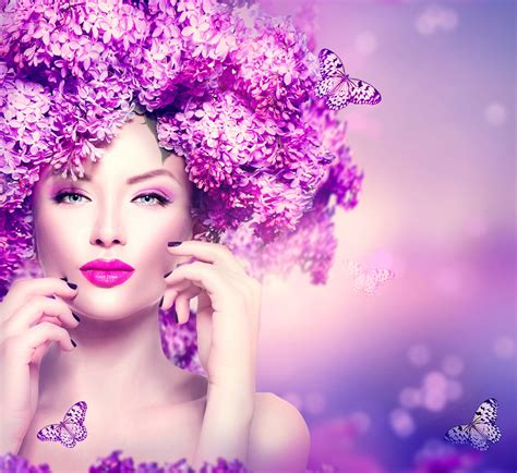 Woman Beauty Makeup Flowers Spring Purple Flower Background