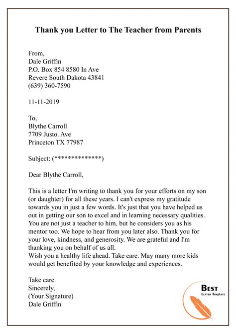 Sample Thank You Letter Template To Teacherprofessor