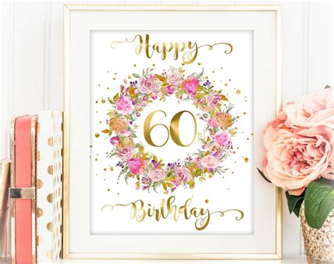 Happy 60th Birthday Sign Floral Gold Pink Women 60th Birthday Etsy