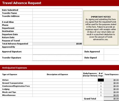 travel advance request form templates   xlsx docs