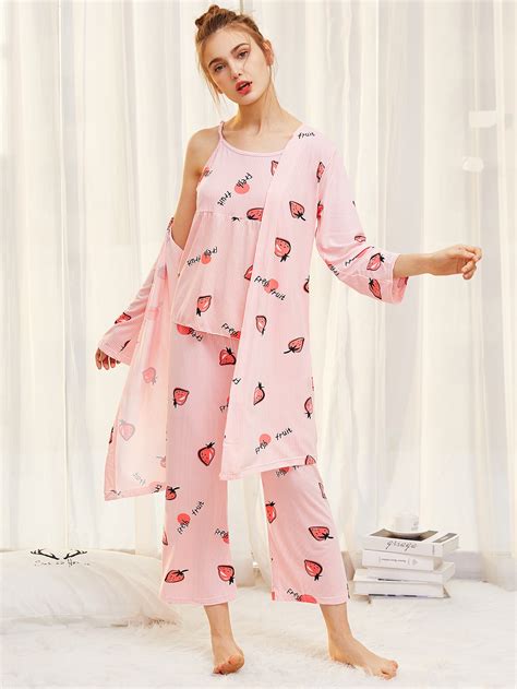 Strawberry Print Pinstriped Cami Pajama Set With Robe EmmaCloth Women
