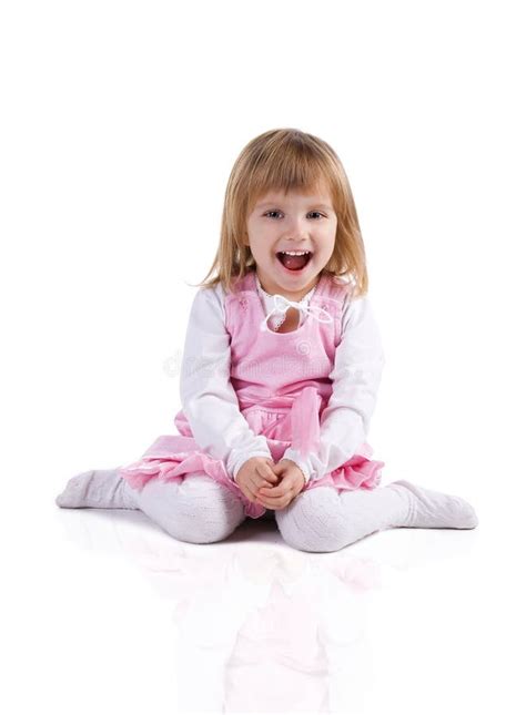 Cute Little Girl Pink Sit Cross Legged Stock Photos Free And Royalty