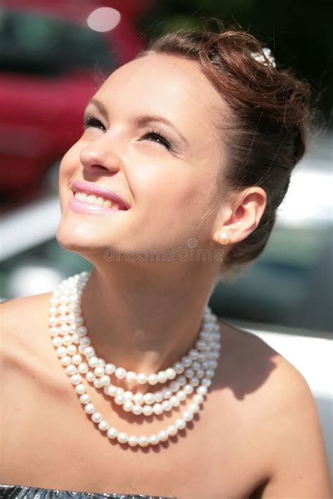 smiling girl with pearl necklace stock image image of close earrings 5581335