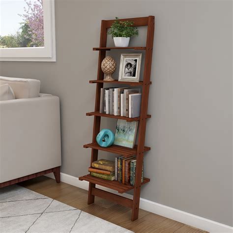 5 Tier Ladder Bookshelf Leaning Decorative Shelves For Display Wood