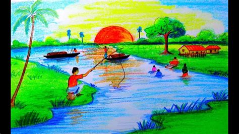 How To Draw Riverside Village Scenery By Oil Pastel And Colored Pencil