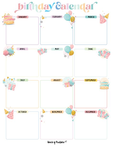 Free Birthday Calendar Template Printable Customizable Vlrengbr