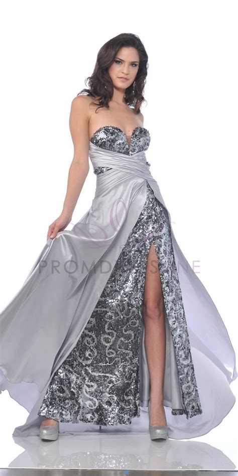 2012 Prom Dress Silver Satin And Printed Sequin Strapless Sweatheart