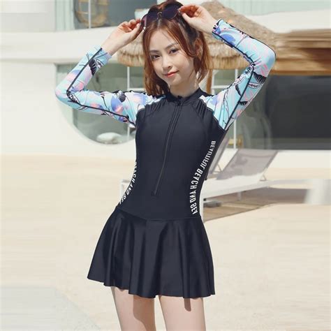 Korean Rashguard Women Dress One Piece Long Sleeve Swimwear With Skirt