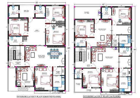 40x60 Feet House Plan With Interior Layout Plan Drawing Dwg File Cadbull