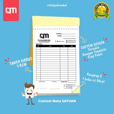 Cjm Cetak Nota Satuan Custom Kertas Ncr Rangkap Bisa Untuk Nota Olshop Bon Toko Kwitansi