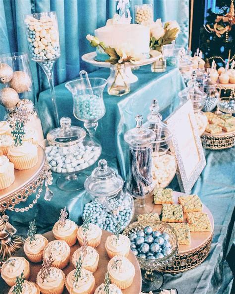 Sweet 16 Winter Wonderland Dessert Table With Opulent Treasures Cake