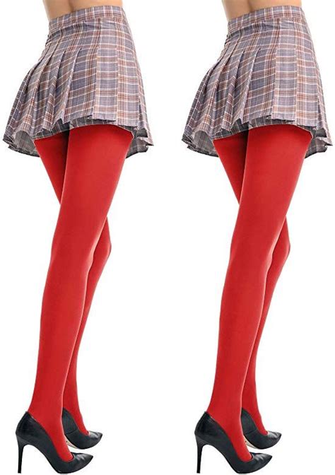 surepoch 2 pairs women s opaque tights control top soft solid color footed pantyhose red small