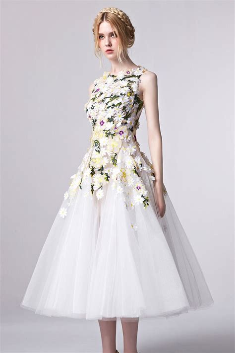 New Styles Flower Appliqued Prom Mid Calf Dress Tulle Party Dress