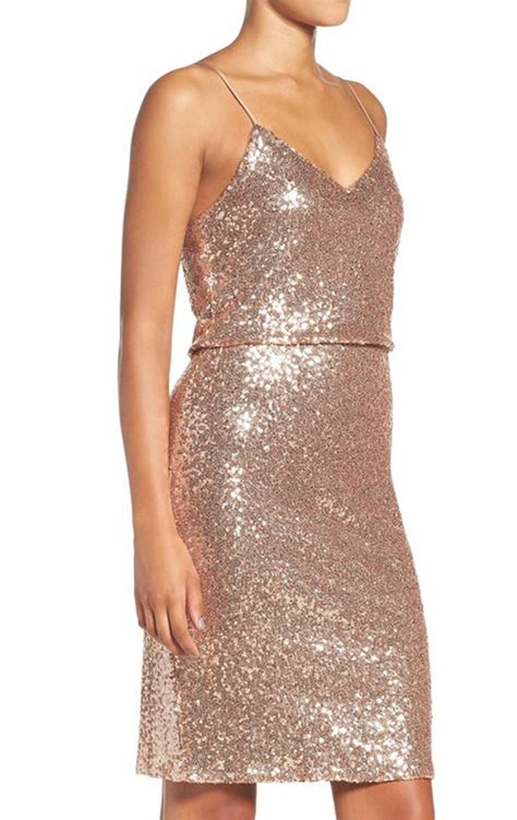 Macloth Spaghetti Straps Sequin Cocktail Dress Rose Gold Short Formal