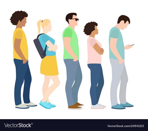Full Length Cartoon People Standing In Line Vector Image