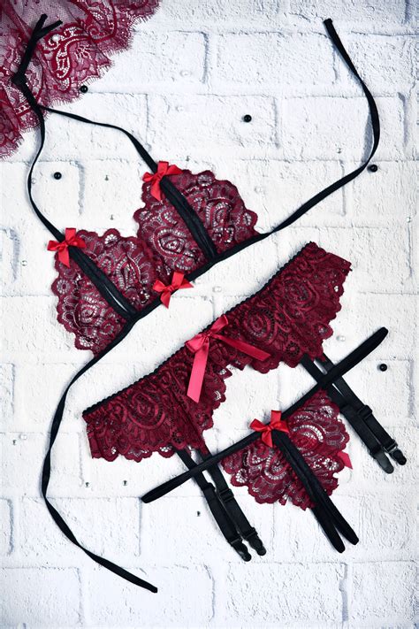 Red Sexy Crotchless Lingerie Set Lace Garter Belt Set Etsy