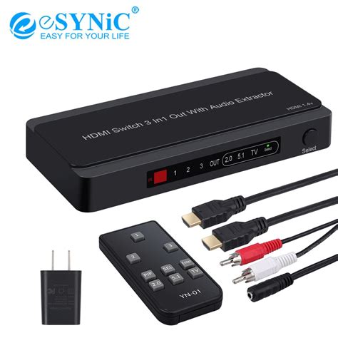 Esynic 3 Port Hdmi Compatible Switch With Audio Extractor Converter