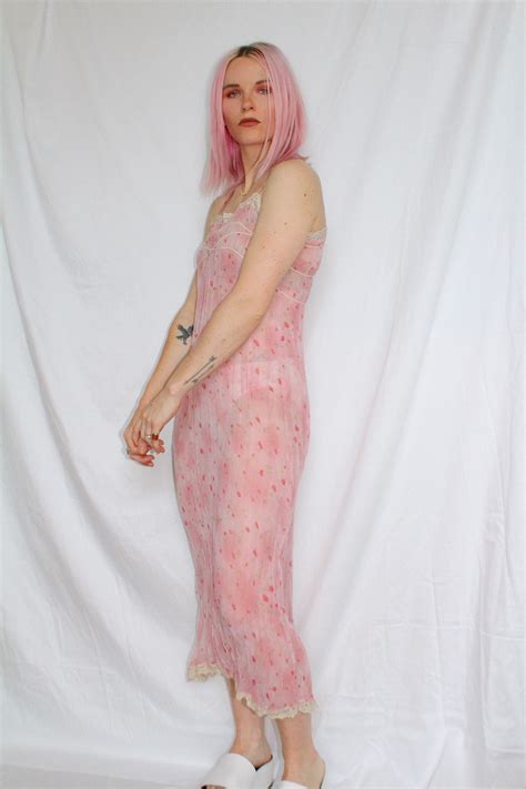 vintage sweet pleat pink sheer slip dress