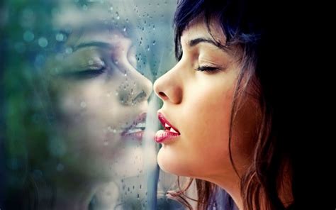 women mirror models window blue hair reflections mood sad sorrow love romance waiting wallpaper