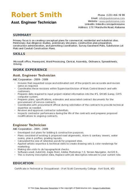 The electrical engineering cv sample gives a precise idea of what exactly the cv would look like for the electrical engineers. Engineer Technician Resume Samples | QwikResume