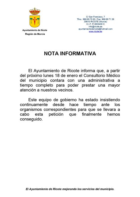 Nota Informativa Ayuntamiento De Ricote