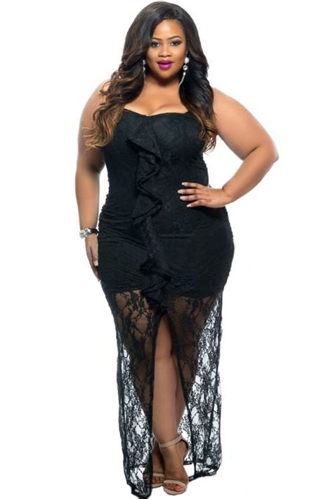 Black Ruffle Detail Strapless Curvy Lace Plus Size Dress Laveliq