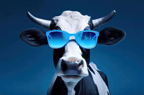 Premium Photo Portrait Of A Cow Wearing Sunglasses On A Blue Background