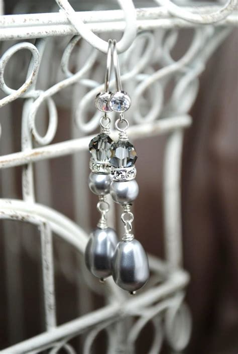 Long Pearl Bridal Earrings Light Grey Swarovski Dangle Earrings