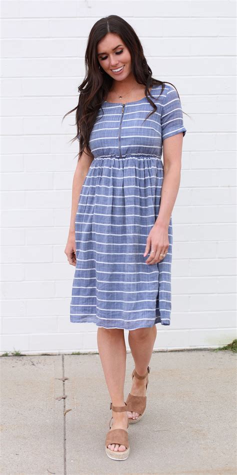 Riley Dress Denim Blue Stripe Modest Dresses Modest Dresses Casual